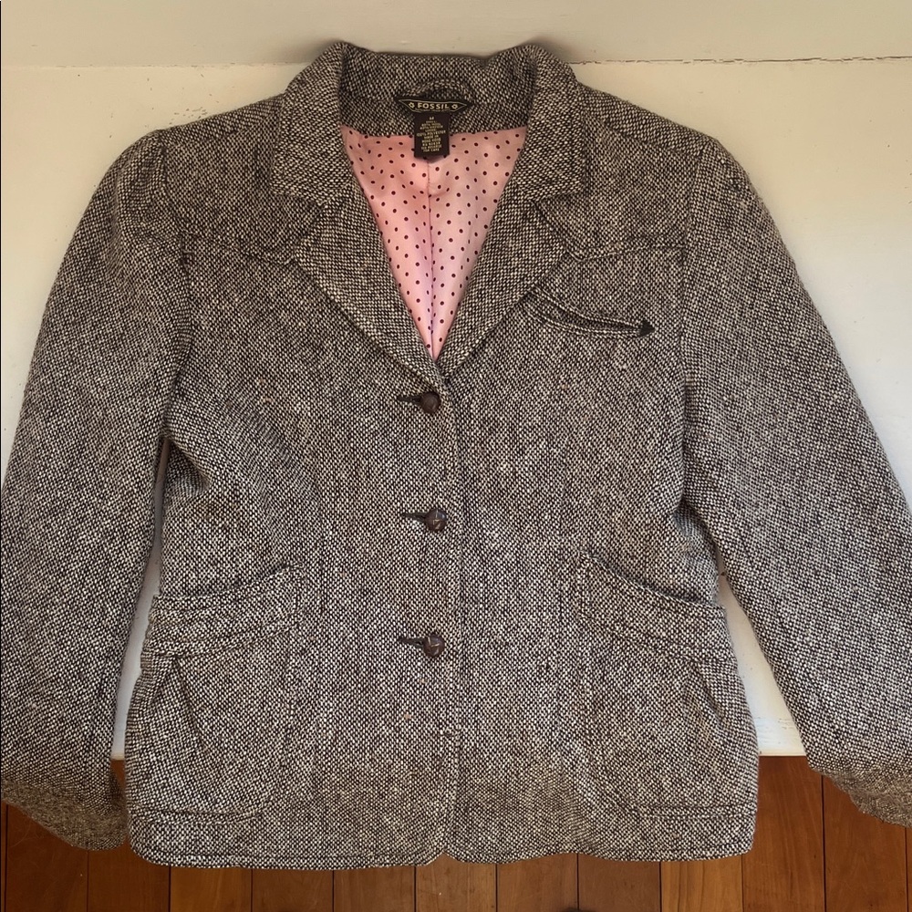 Women's Gray Tweed Jacket with pink silk inline